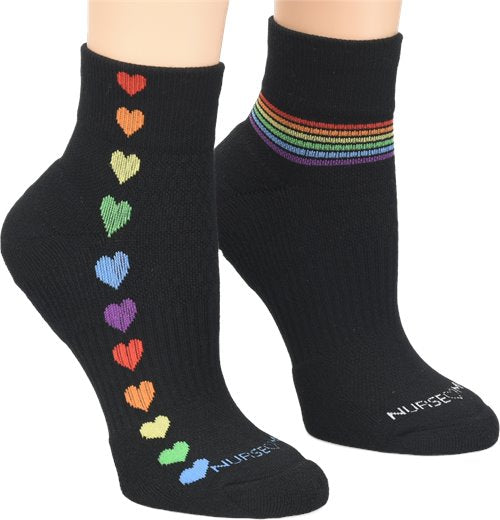 NA0063299 - Nurse Mates Compression Quarter Top Anklets 2pk - Rainbow Hearts/Pinstripes