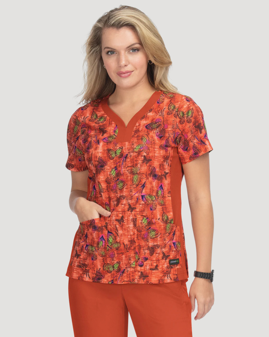 1066PR - koi Aurora 2-Pocket Stretch Heart-Shaped Neck Print Top