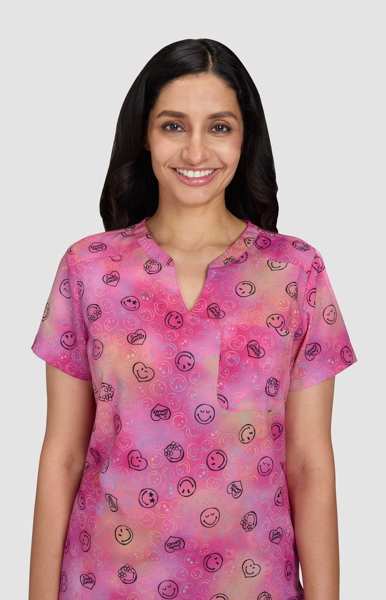 Smiley World Amazed Women's 1-Pocket Print Scrub Top by koi