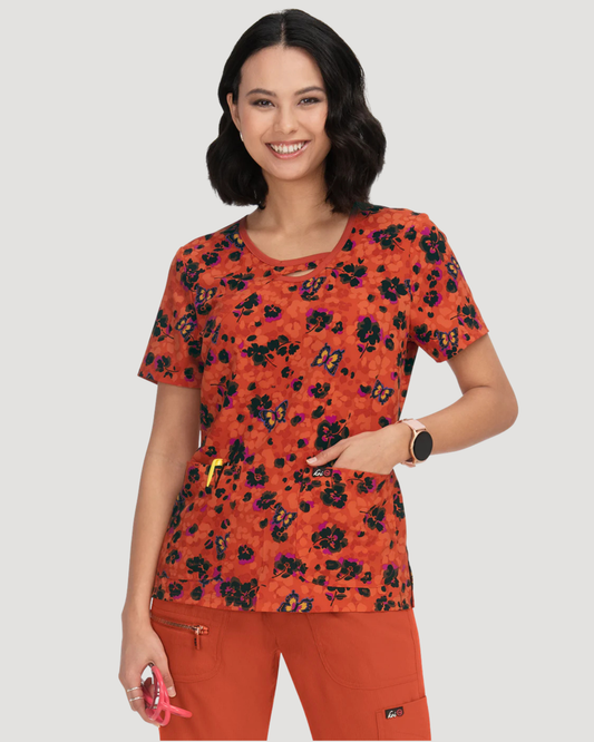 1027PR - 2-Pocket Keyhole Neckline Print Scrub Top