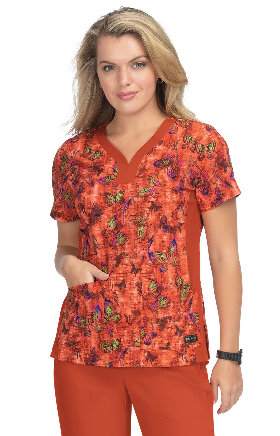 1066PR - koi Aurora 2-Pocket Stretch Heart-Shaped Neck Print Top