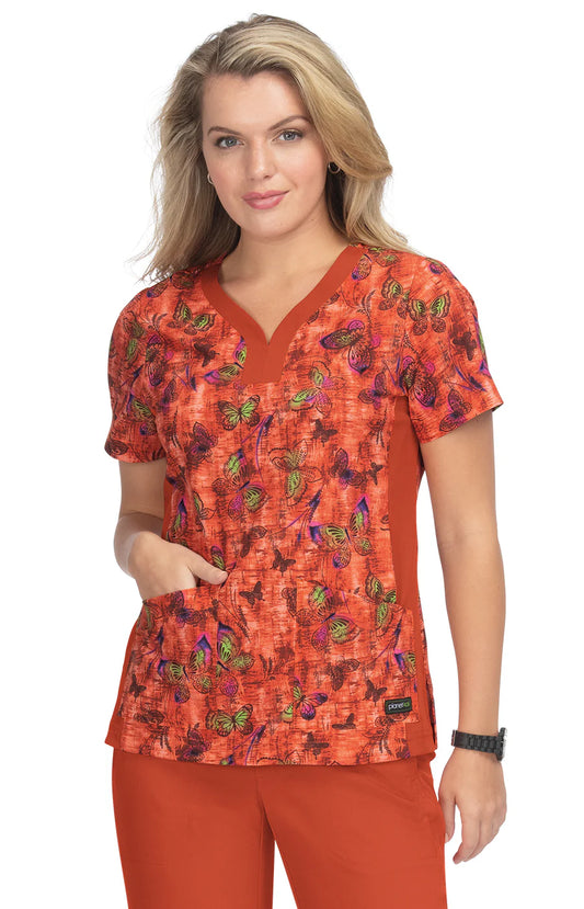 1066PR - koi Aurora 2-Pocket Stretch Heart-Shaped Neck Print Top