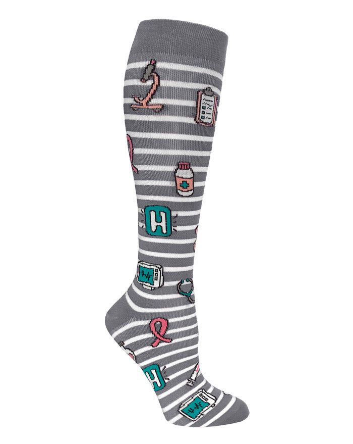 386-GSM - 12" Knit Compression Socks - Grey Stripes & Medical Symbols