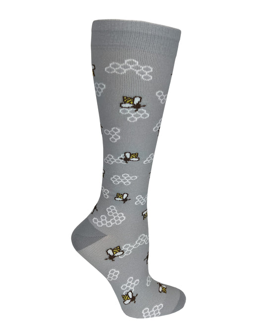386-HBG - 12" Knit Compression Socks - Honey Bees Grey
