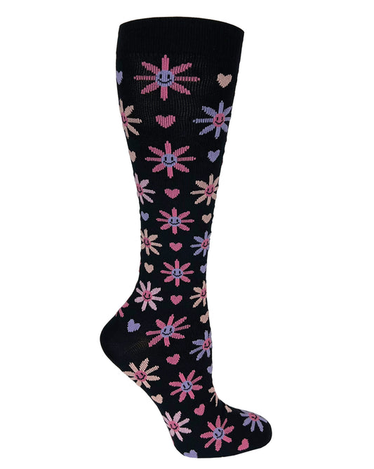386-HFB - 12" Knit Compression Socks - Happy Flowers Black