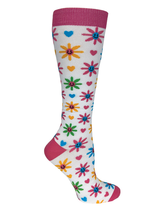 386-HFW - 12" Knit Compression Socks - Happy Flowers White