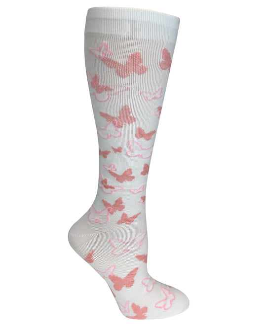 386-PBW - 12" Knit Compression Socks - Pink Butterflies White