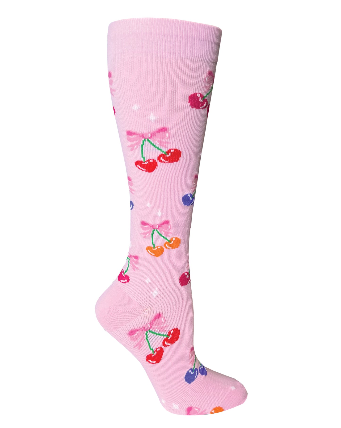 386-PCH - 12" Knit Compression Socks - Cherries & Bows Pink