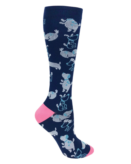 386-PPN - 12" Knit Compression Socks -  Puppy Party on Navy