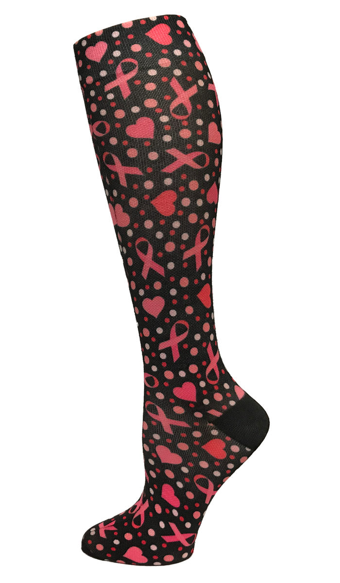 387-RHB - 12" Soft Comfort Compression Socks - Ribbons and Hearts Black
