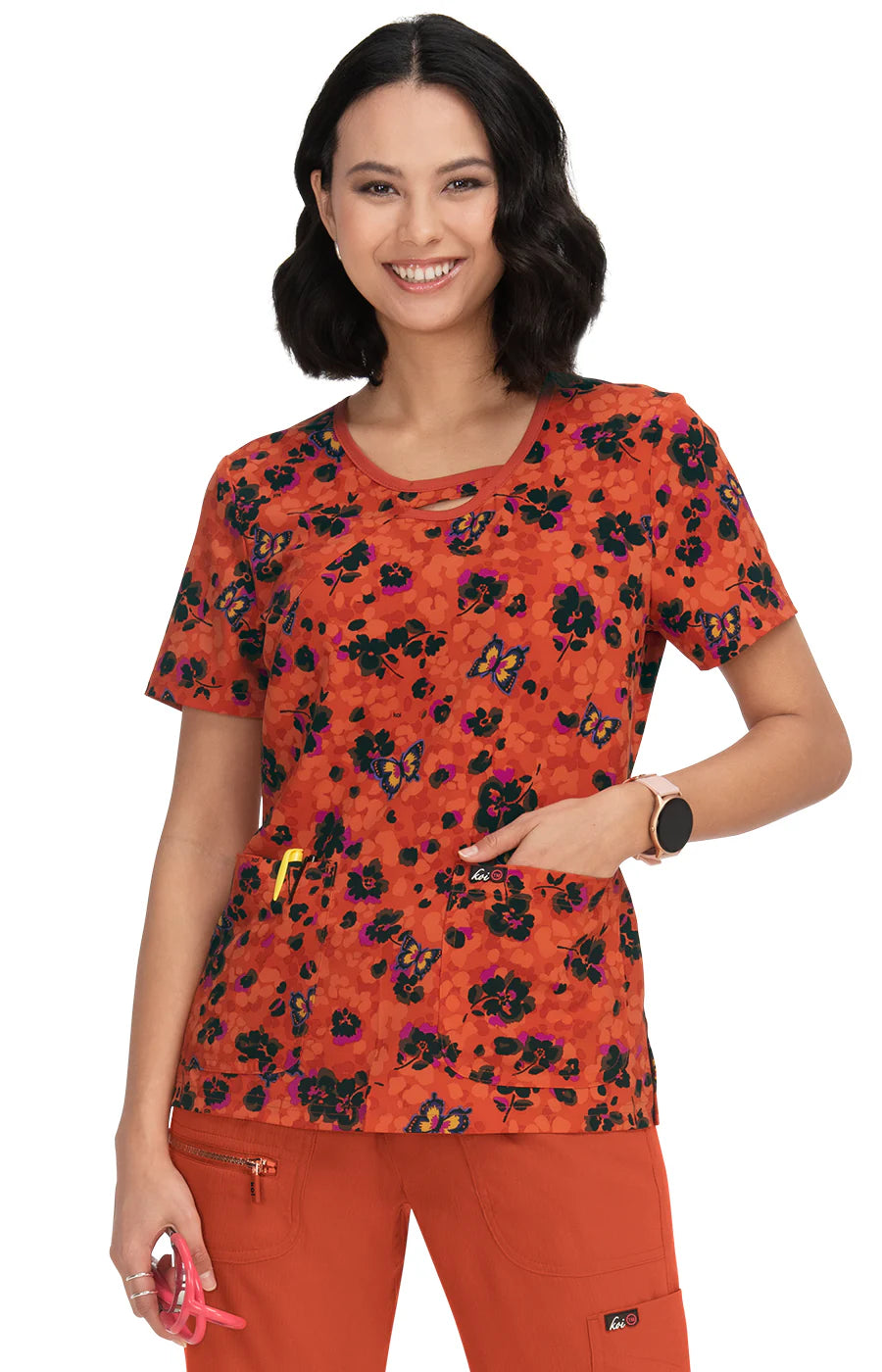 1027PR - 2-Pocket Keyhole Neckline Print Scrub Top