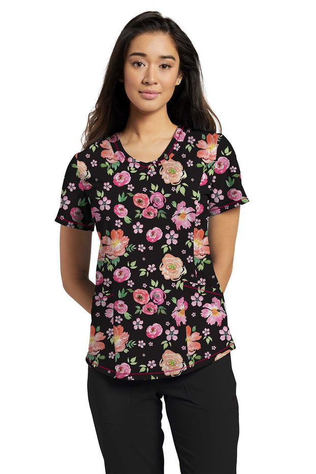 782-FTY Rounded V-neck Printed Top Floral Fantasy